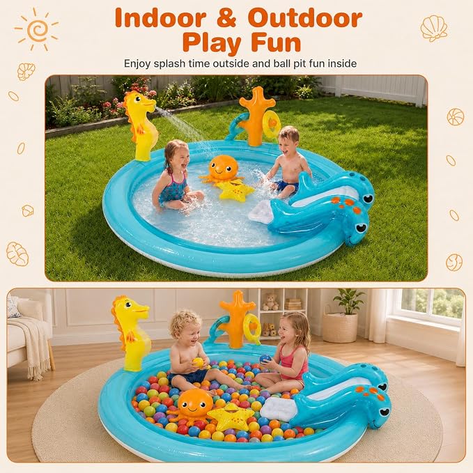 GLACER Kids Pool with Slide, Inflatable Play Center with Seahorse Sprinkler | 70" x 62" x 26.5" Water Splash Pad with Ring-toss Game, Heightened Guardrails, PVC toddler pool for Outdoor Backyard, Garden