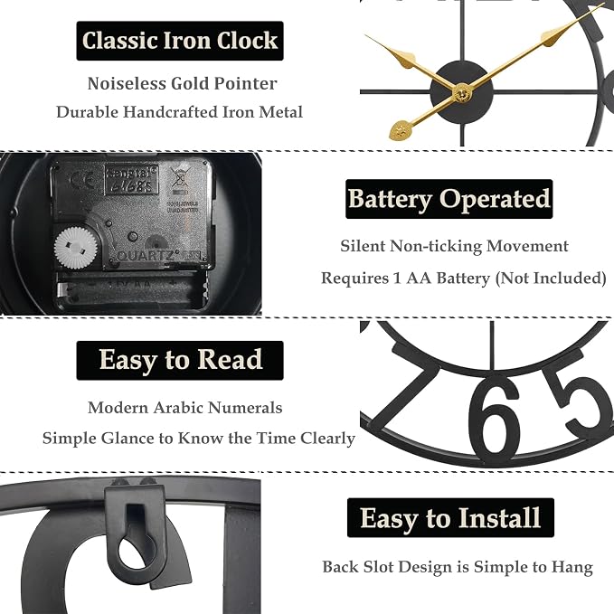 Large Outdoor Clock Battery Operated, Modern Black Farmhouse Decorative Wall Clock for Living Room, Kitchen, 20 Inch Metal Outdoor Clock for Patio, Pool Area, Garden, Deck