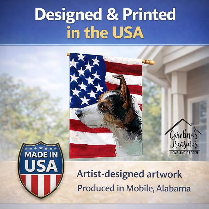 Caroline's Treasures CK6617CHF Miniature Fox Terrier Dog American Flag House Flag Large Porch Sleeve Pole Decorative Outside Yard Banner Artwork Wall Hanging, Polyester, House Size, Multicolor