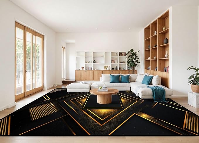 10x14 Area Rugs for Living Room Black Gold Geometric Stripe Decorative Repeated Patterns Radiating Washable Large Area Rug for Bedroom Non Slip Outdoor Carpets Soft Mats Kitchen Home Office Decor