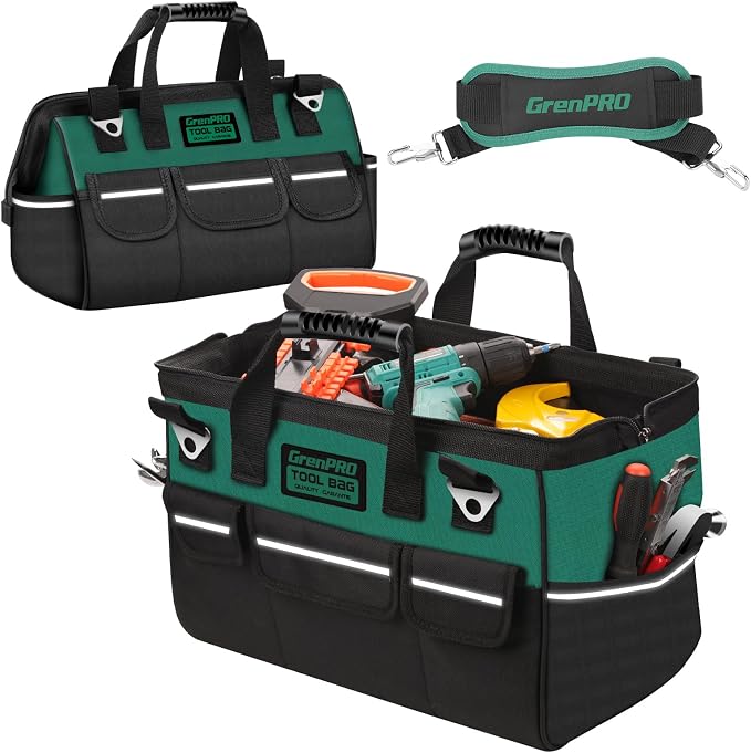 GrenPRO Heavy Duty Tool Bag for Men, 16 Inch Wide Mouth Tool Bags Organizer, Soft Handle Toolbox Storage, Large Zipper Electrician Tool Bag