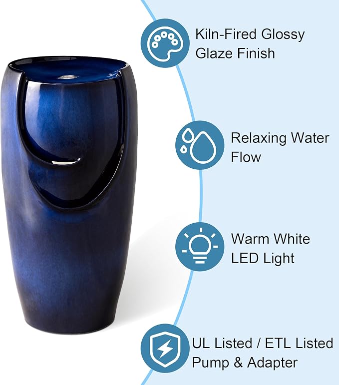Glitzhome Outdoor Water Fountain with LED Light, Oversized Ceramic Vase Water Fountains Outdoor, Tall Water Feature Backyard Fountain for Garden Patio, Cobalt Blue, 29.3”H