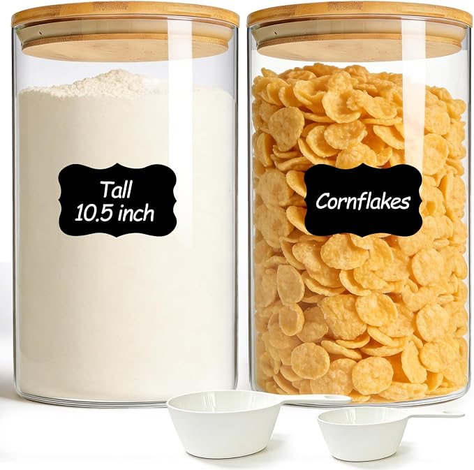 ComSaf Flour Sugar Storage Containers 4 Qt, 2 Pack Glass Flour Container | 26.6cm/10.5in Tall, 128oz/1 Gallon Large Glass Storage Containers, 15cm/5.9in Extra Wide Mouth, 4.6lb Flour Jar, BPA Free