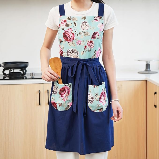 Pinknoke Vintage Pinafore Apron Dress for Women with Pockets Cute Floral Chef Aprons for Kitchen Cooking Baking Gardening