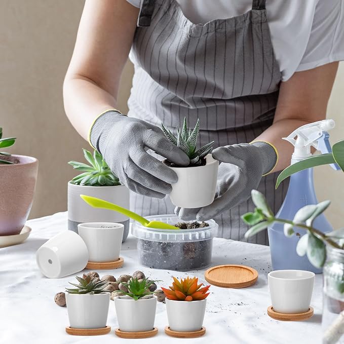 Hsei 24 Pack 2.5 Inch Mini Succulent Plant Pots Small Ceramic Flower Pot with Bamboo Tray Garden Cactus Herb Container Home Office Decoration for Birthday Graduation Wedding Favor Gifts (White)