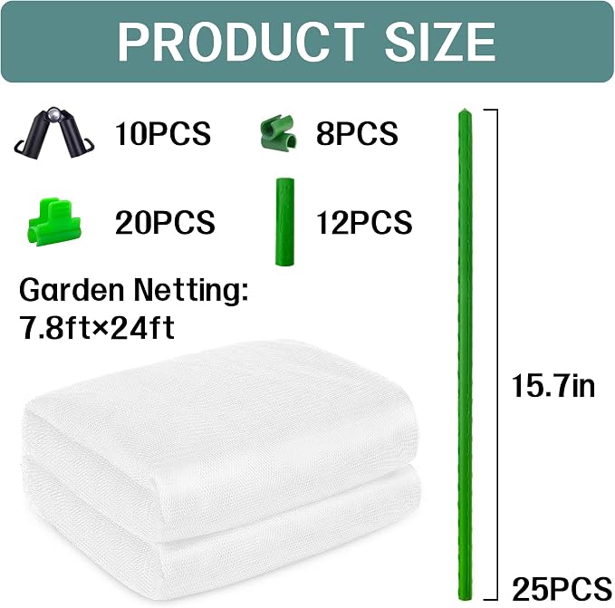 U0U Garden Mesh Netting Kit,7.8 x 24 Ft Ultra Fine Mesh Netting with Garden Hoops,Garden Netting Set for Raised Beds,Bird Netting Protection for Vegetable Plants Birds Animals Protection (White)