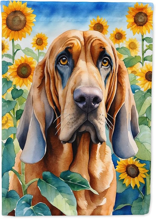 Caroline's Treasures DAC6029CHF Bloodhound in Sunflowers House Flag Large Porch Sleeve Pole Decorative Outside Yard Banner Artwork Wall Hanging, Polyester, House Size, Multicolor