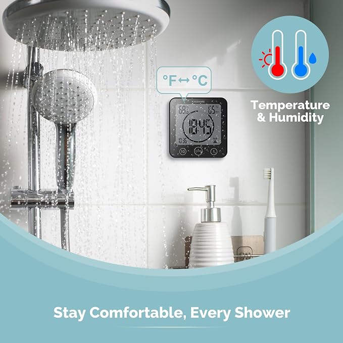 KADAMS Shower Clock Waterproof Bathroom Timer – Digital Wall Clock with Countdown, Magnetic Kitchen Clock with Temperature & Humidity, Suction Cup for Kids Shower Spa Cook Bath (Black)