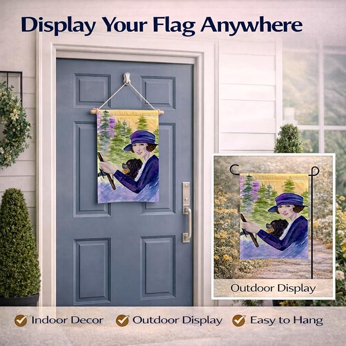 Caroline's Treasures SS8538GF Lady driving with her Pomeranian Garden Flag Mailbox Flag Decorative Yard Flag Banner Outside Patio Artwork Yard Flower Beds, Garden Size, Multicolor