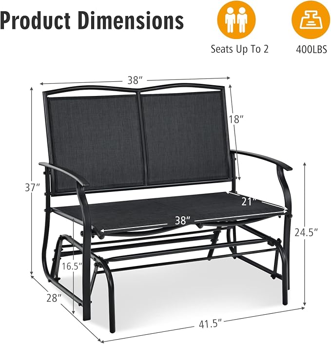 Outdoor Swing Glider Chair for 2 Persons, Rocking Seating Patio Bench w/Coated Steel Frame, Patio Loveseat for Backyard, Garden (Black)
