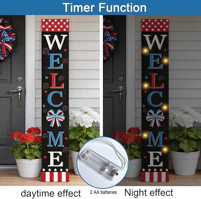 4th of July Welcome Sign with LED Lights, 47" Patriotic Wooden Door Porch Standing Decor Signs, Independence Day 250th Front Door Porch Decor, Memorial Day Home Yard Party Wall Hanging Decoration