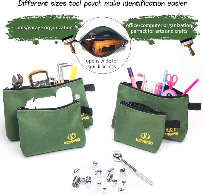 Premium Canvas Tool Pouch Zipper Bag,Small Tool Bag,Multipurpose Storage pouch(4Pack 7.5/9.5/11.5/13inch 20oz Water Resistant Heavy Duty Army Green Flat Bottom Tool bag with Dependable Zipper)