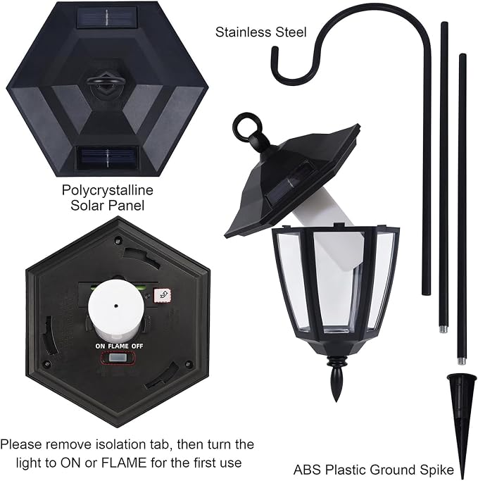 Dynaming 2 Pack Solar Halloween Flame Hanging Lights Outdoor, Flickering Flame LED Garden Lanterns with 2x38 Inch Shepherd Hooks, Landscape Lighting Waterproof for Lawn Yard Pathway Driveway, Purple