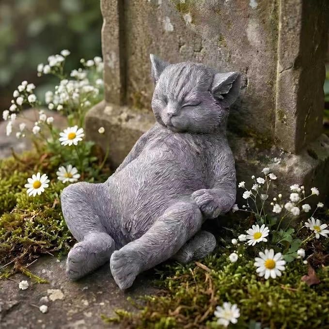 Cat Memorial Stone Garden Statue, Pet Statue Gifts for Loss of Cat Sympathy, Grave Markers for Garden Outdoor Decor, 9.8” L Weatherproof Lazy Tabby Figurine, Outdoor Patio Accent Yard Decoration