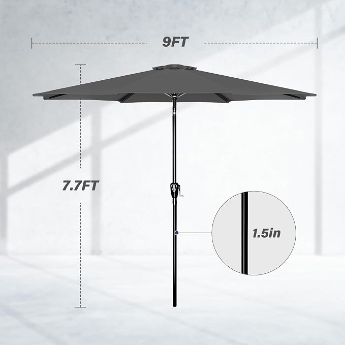 Simple Deluxe 9FT Outdoor Patio Umbrella Table Market Umbrella with Push Button Tilt and Crank, 8 Sturdy Ribs, UV Protection Waterproof for Garden, Lawn, Deck, Backyard, Pool, Grey
