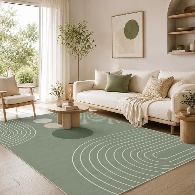 Area Rug 5x7 Boho Modern Minimalist Geometric Abstract Rug Sage Green Mid Century Modern Rug for Living Room Machine Washable Non-Slip Printed Low Pile Indoor Carpet for Bedroom Dining Room Office