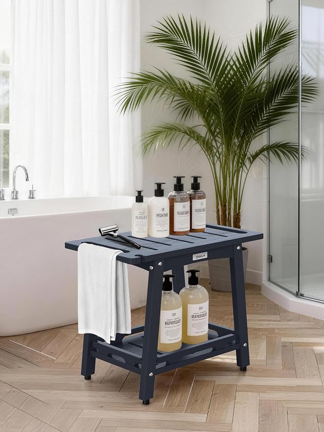 22" Large Shower Bench Seat, Non-Slip Shower Benches for Inside Shower to Sit on, HDPE Waterproof Shower Stool, Shower Chair with Adjustable Feet for Bathroom, Indoor/Outdoor Use, Blue