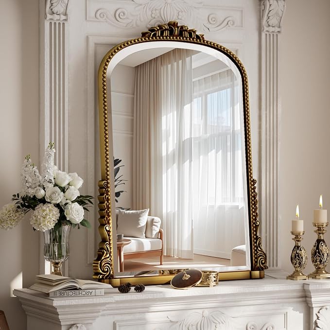 24"×32" Gold Arched Wall Mirror with Vintage Carving | Bathroom Vanity Makeup Mirror, as Wall Decor Hanging Leaning for Fireplace Mantle, Living Room, Bedroom, Vanity Area