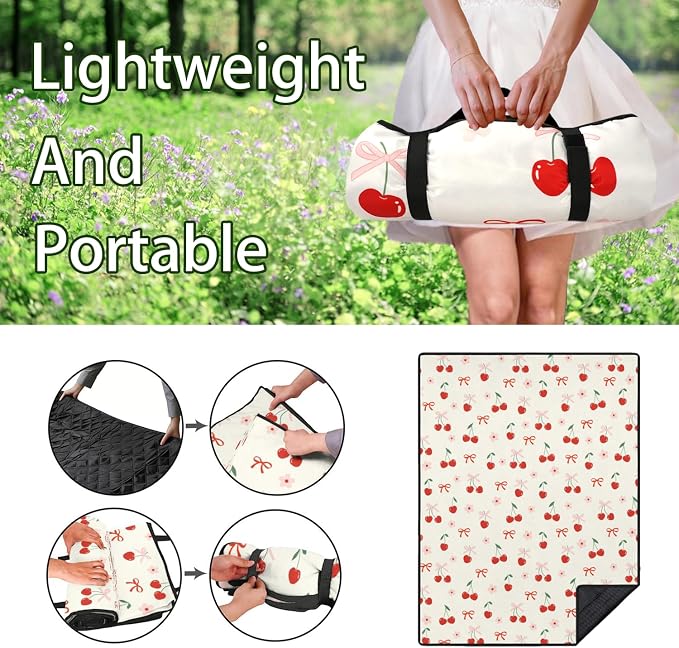Cherry Picnic Blankets Waterproof Foldable,60’‘x80'' Portable Dual Layers Outdoor Travel Camping Backpacking Hiking Beach Blanket Mat for Grass Padded Lawn Park Beach,Cherry Picnic Accessories
