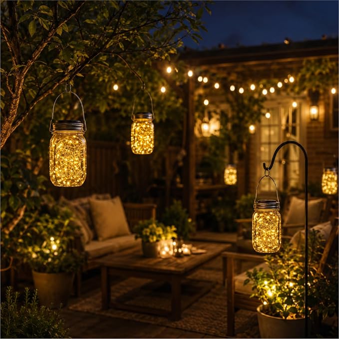 HXWEIYE 8 Pack Solar Mason Jar Lights Lanterns,Jars & Hangers Included，30LED Waterproof Hanging Outdoor Fairy Lights for Patio Garden Porch Yard Backyard Balcony Wedding(Warm White)