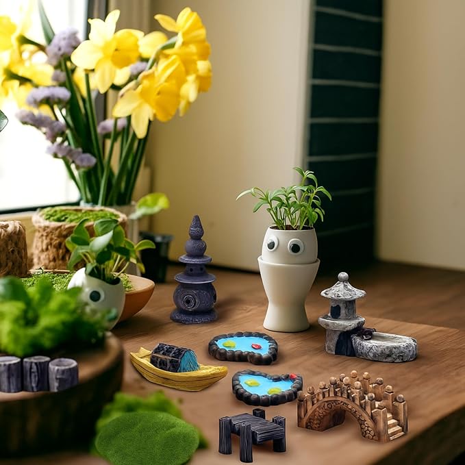 BBTO 24 Pcs Garden Furniture Fairy Mini Architecture Accessories Fairy Miniature Ornaments Artificial Grass and Moss Rocks Kit for Garden House Accessories
