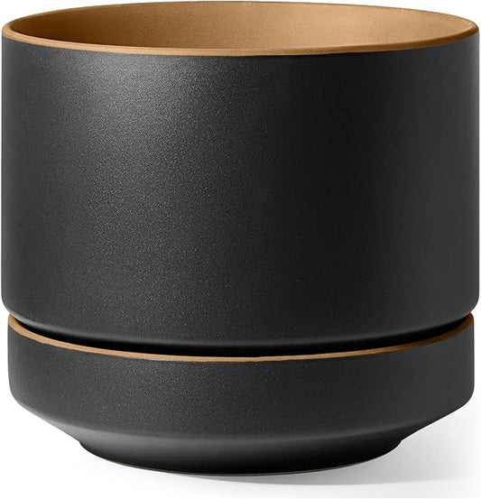 LE TAUCI 12 Inch Pot for Plants with Saucer, Ceramic Indoor Planter Pot with Drainage Hole, Mesh Pad Included, Matte Glazed Outside, Modern for Home and Office, Obsidian Black & Ochre
