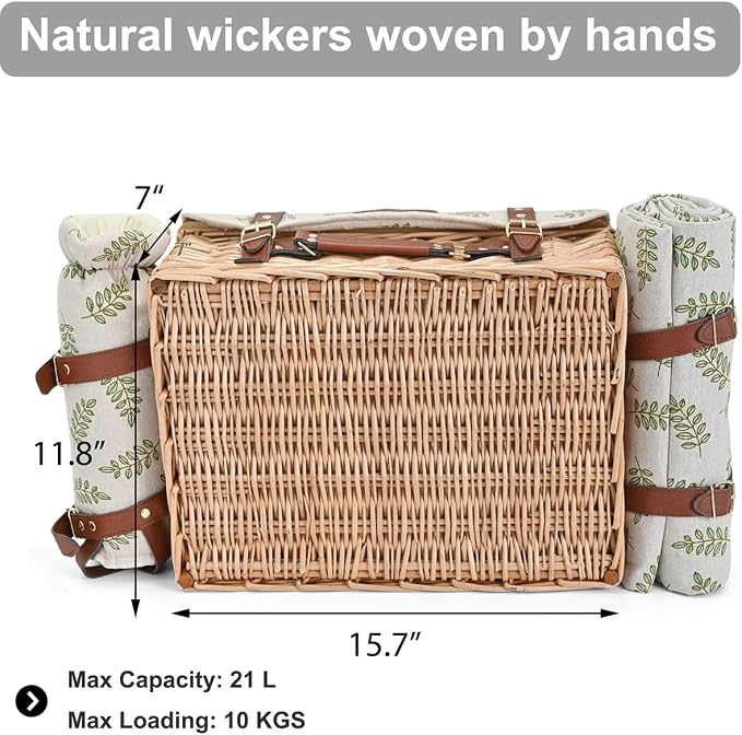 Multifunctional Wicker Picnic Basket Set for 4 with Blanket and Picnic Table, Insulated Picnic Set with Full Tablewares for Camping Outdoor Couples,Leaf