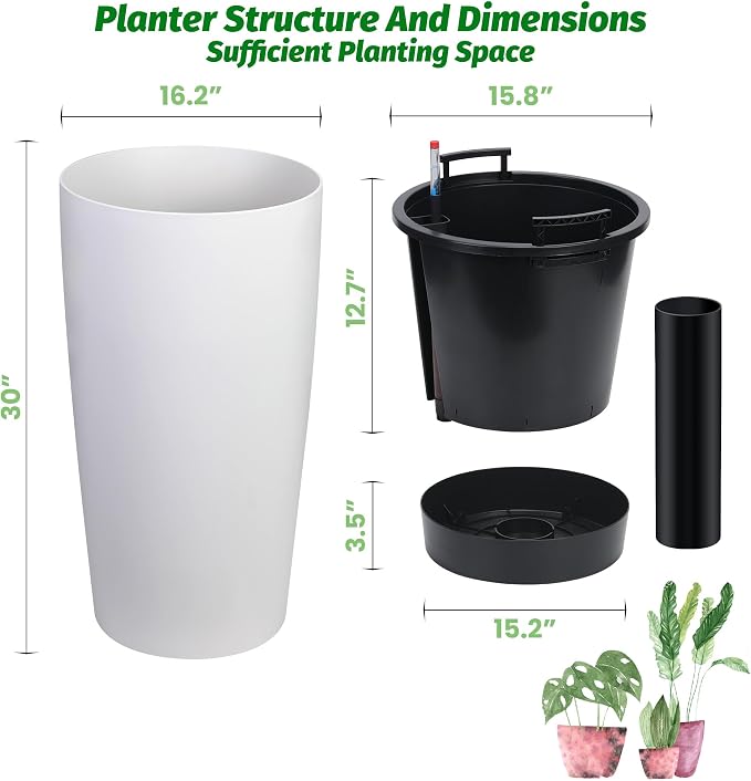 Garvee Tall Planters for Outdoor Plants, 30 in Large Planters Set of 2, Outdoor & Indoor Planters with Water Level Monitor ＆ Inner Bucket, Automatic Watering, for Porch, Patio, Backyard, White