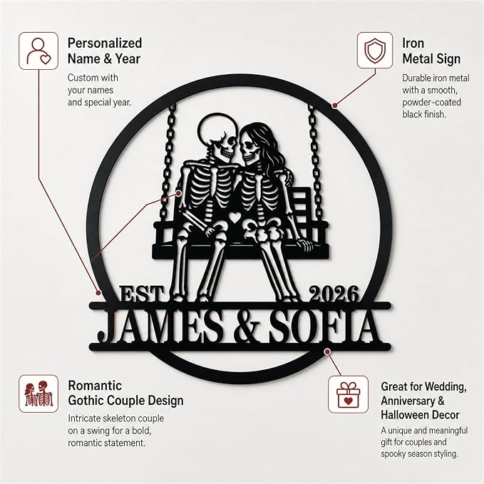 Personalized Skeleton Couple Metal Sign, Custom Couple Name Metal Wall Art, Gothic Wedding Decor, Halloween Home Decor for Living Room Bedroom Entryway
