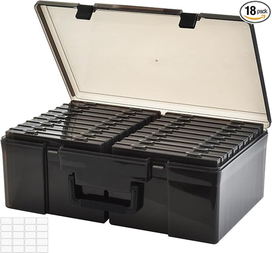 ALINK Photo Storage Box 5" x 7" with Handle, 18 pcs Photo Container Organizer and Craft Keeper, Portable Picture Case with Label for Arts, Crafts, Sewing, Stickers, Office, Seeds - Black