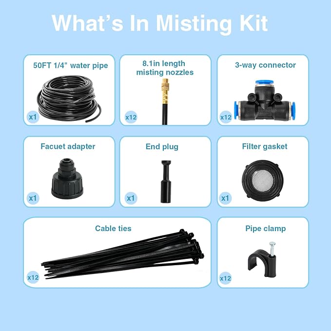 Bluepro Misters for Outside Patio 50Ft 1/4" Misting System with 12pcs 360°Adjustable Copper Nozzles, Outdoor Misters for Backyard,Umbrella,Raised Bed,Potted Plant,Yard,Dog House