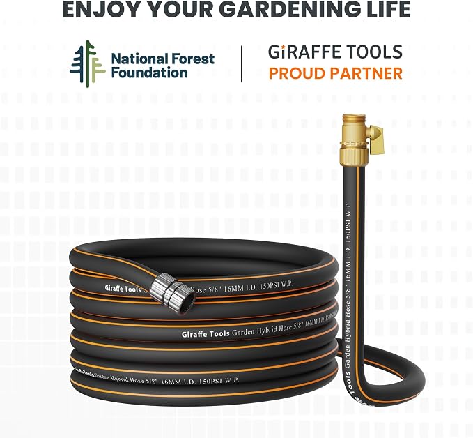 Giraffe Tools Hybrid Garden Hose 35ft x 5/8", Male and Female Fittings with Shut off Valve, Flexible, Heavy Duty, Leakproof, Lightweight Water Hose