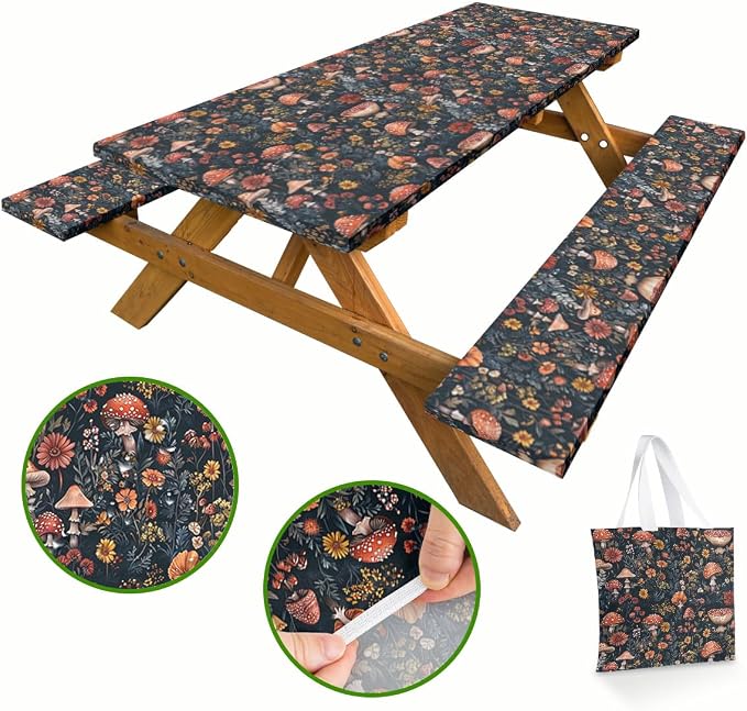 Mushroom Picnic Table Cover with Bench Covers and Carrying Bag, Forest Floral Plant Retro Rectangle Table Cover, Outdoor Patio Camping Essentials 6FT 4PCS, Camping Fitted Tablecloth