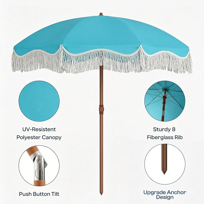 7FT Patio Umbrella with Fringe, Outdoor Tassel Umbrella with Fiberglass Ribs, Boho Beach Umbrella, Push Button Tilt and Carrying Bag, UPF50+