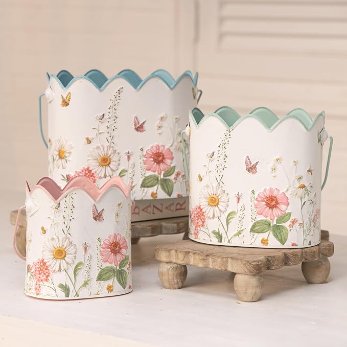 Set of 3 Vintage Floral Metal Planters Rustic Flower Pots with Wooden Handle, Farmhouse Decorative Floral Buckets for Dried Flowers, Faux Plants, Home Garden Decor