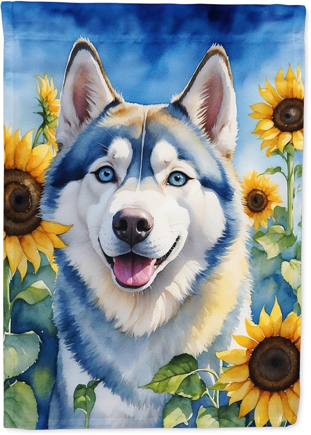 Caroline's Treasures DAC6163CHF Siberian Husky in Sunflowers House Flag Large Porch Sleeve Pole Decorative Outside Yard Banner Artwork Wall Hanging, Polyester, House Size, Multicolor