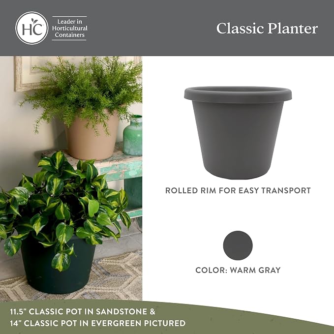 The HC Companies 15.5 Inch Classic Round Planter Pots with Drainage, Rolled Rim Plastic Planters for Indoor & Outdoor Plants, 2-Pack Decorative Flower Pots for Garden, Office & Home Decor, Warm Gray