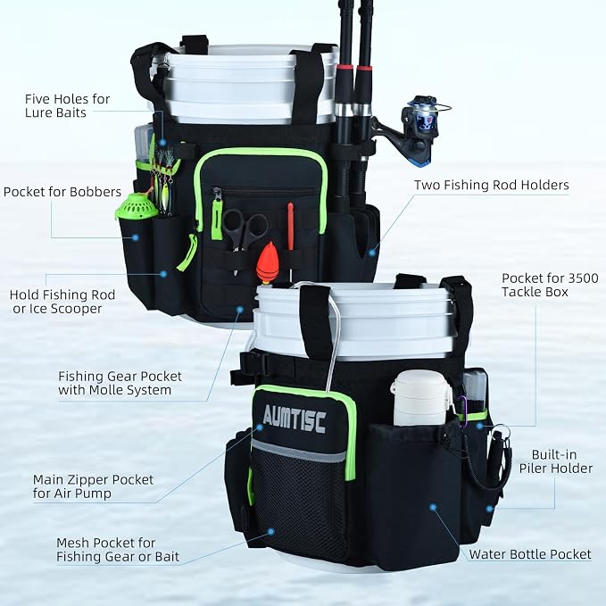 AUMTISC 5 Gallon Bucket Fishing Organizer, Waterproof Ice Fishing Bucket Tool Bag with Rod and Tackle Boxes Holder, Multi-Pocket Tool Caddy Bags for Fishing Gear and Equipment
