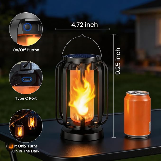 Hompavo Gen2 Solar Lanterns Outdoor Lights with Ultra-Real Flame, 2 Charging (USB/Solar) & 4 Modes - Waterproof Decorative Hanging/Table Lights for Pathway Yard Patio Garden Decor Gifts for Women, 2