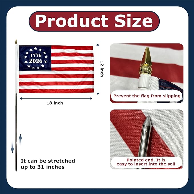 12x18 inch Small 1776-2026 American Flag on Stick 6 Pcs for 250th Anniversary, Mini Hand Held US USA Betsy Ross Flags with Retractable Stainless Steel Pole for Outside Yard 4th of July Decorations