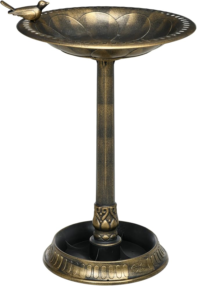 Outsunny 28" Antique Bird Bath with Pedestal Flower Planter Base, Vintage Style Decorative Birdbath & Bird Feeder Bowl, Decoration Yard Statue, Bronze