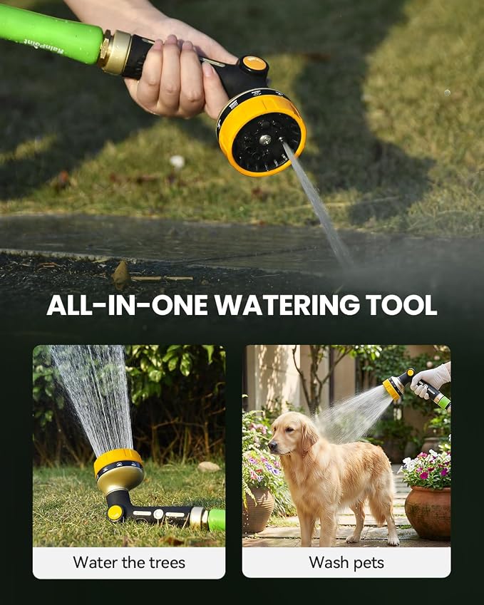 RAINPOINT Garden Hose Nozzle Heavy Duty - 100% Metal Thumb Control Spray Nozzles for Garden Hose High Pressure, 10 Patterns Water Hose Nozzle for Car Wash, Watering Lawn and Pets, Yellow2, 2 Pack