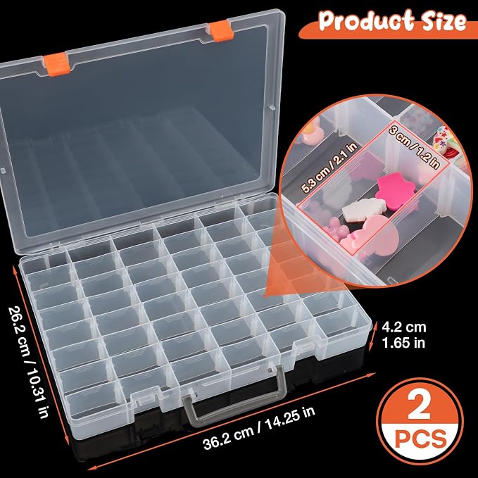 2 Packs Large 48 Grids Clear Plastic Organizer Boxes with Dividers | Adjustable Compartment Organizer Boxes for Jewlery Storage Bead Organizer Rock Collection Box, Grid Box for Nail/Tackle/Arts