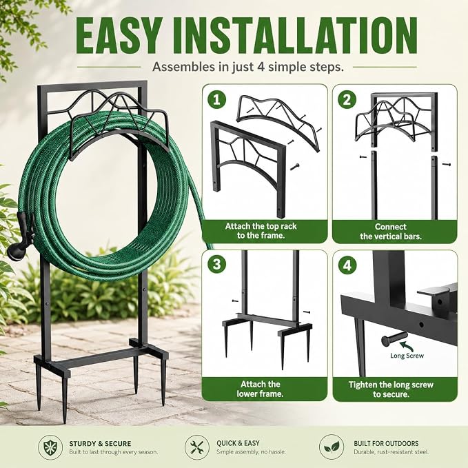 Freestanding Garden Hose Holder - Heavy Duty Metal Water Hose Holder for Outside, Detachable Hose Rack & Storage Hanger, 160FT Capacity for Lawn & Yard, Black