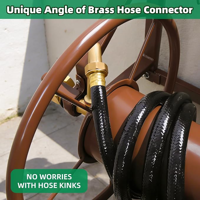 Wall Mount Garden Hose Reel, Heavy Duty Metal Holds 155ft 5/8" Hose | Solid Brass Fittings, No Leaks, Rust-resistant. Space-saving Wall Mount for Outside, Lawn, Yard.Easy Install & Rolls Smoothly