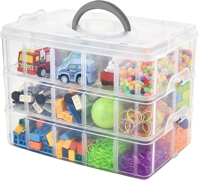 3-Tier Stackable Storage Container Box, 30 Compartments - Upgraded Large Clear Craft Organizer with Dividers for Beads, Small Toys, Jewelry, Washi Tape & Sewing Supplies