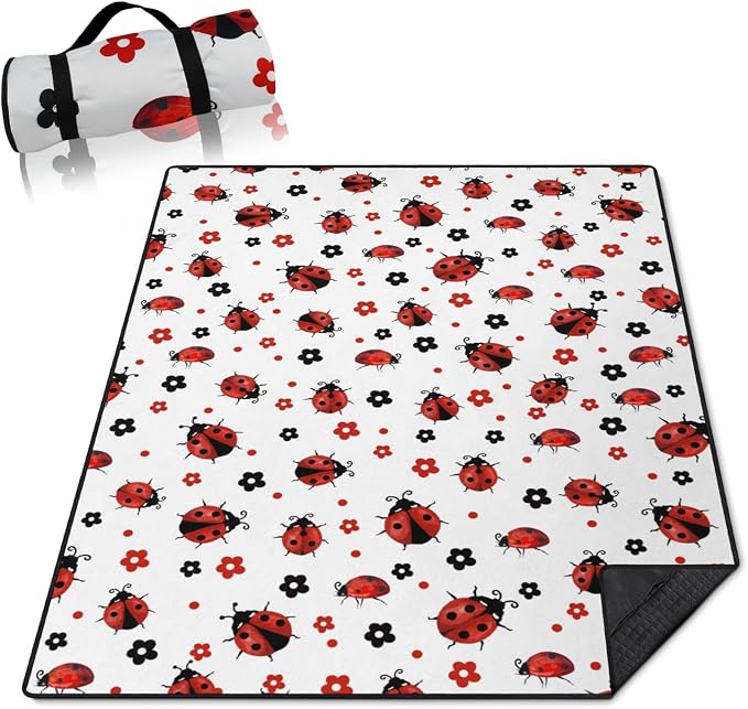 Ladybug Blankets Waterproof Foldable60’‘x80'', Ladybug Portable Outdoor Picnic Mat Water Resistant for Grass,Padded Lawn & Park Blanket for Camping,Ladybug Decor Accessories Stuff