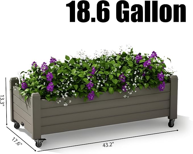 Raised Garden Bed with Wheels Outdoor, Resin Planter Box with Drain Hole and Water Level Detector for Backyard, Patio, Balcony, Gray(13.3" H)