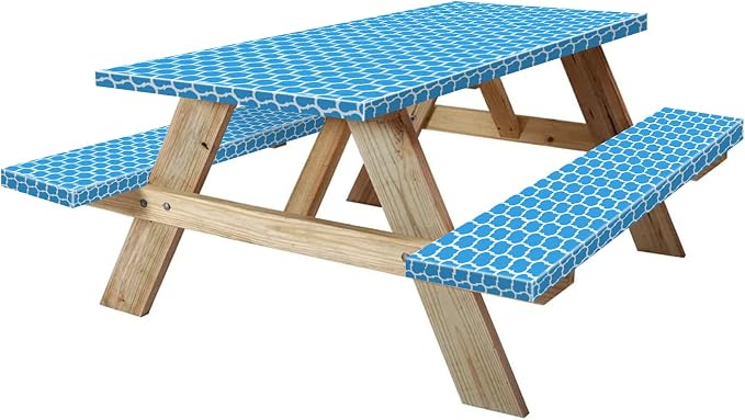 8ft Picnic Table and Bench Cover, Camping Essentials RV Gear, 96 in Waterproof Windproof Outdoor Elastic All Around Tablecloth, Fitted Rectangle Tables and Seats, Blue-White Moroccan