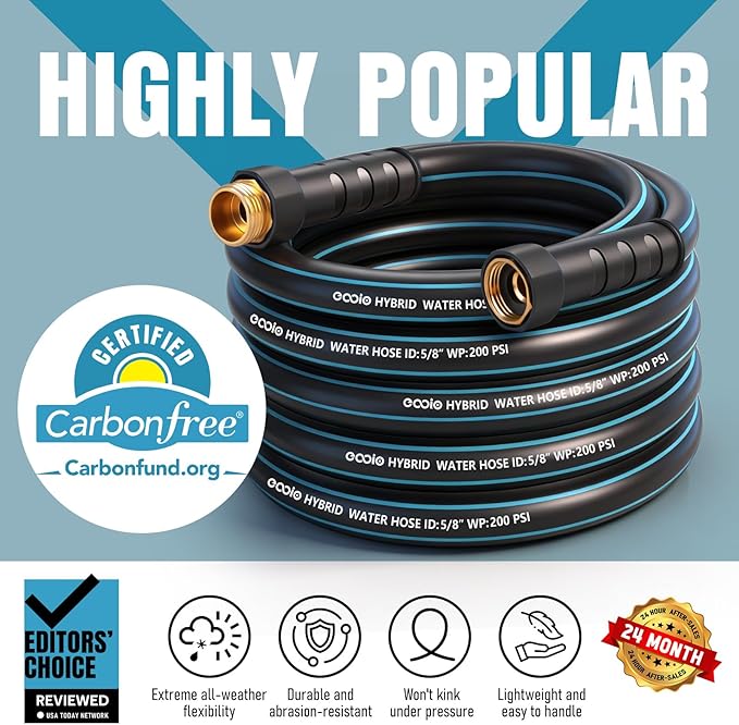 Garden Hose 35 ft x 5/8" with Nozzle, Water Hose Heavy Duty Flexible, Lightweight Kink-less Hybrid Hose with Swivel Handle, Male to Female Fittings